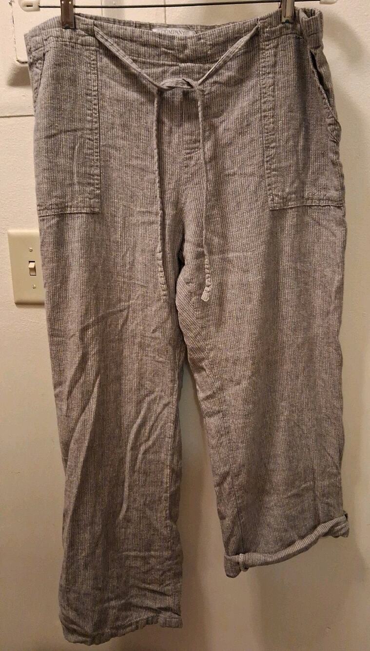 Ellen Tracy Women's Gray Striped Long/Button Up Pants Sz. L Linen Blend